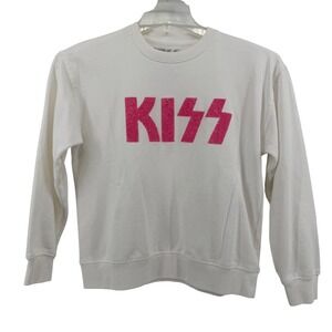 KISS Band Rhinestone Sweatshirt White Pink Sparkle Crop Crewneck Top Junior's XL